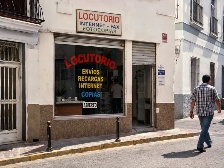 Fachada de locutorio con cielo nublado y pavimento húmedo