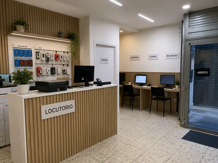 Interior reformado de un locutorio, madera y tonos claros